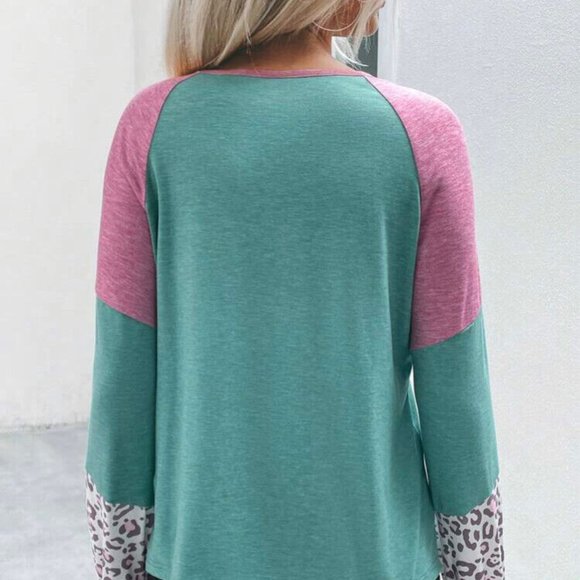 Pink & Teal Leopard Print Colorblock Tee Shirt NEW Spring Fashion trend Size XL - Picture 4 of 4